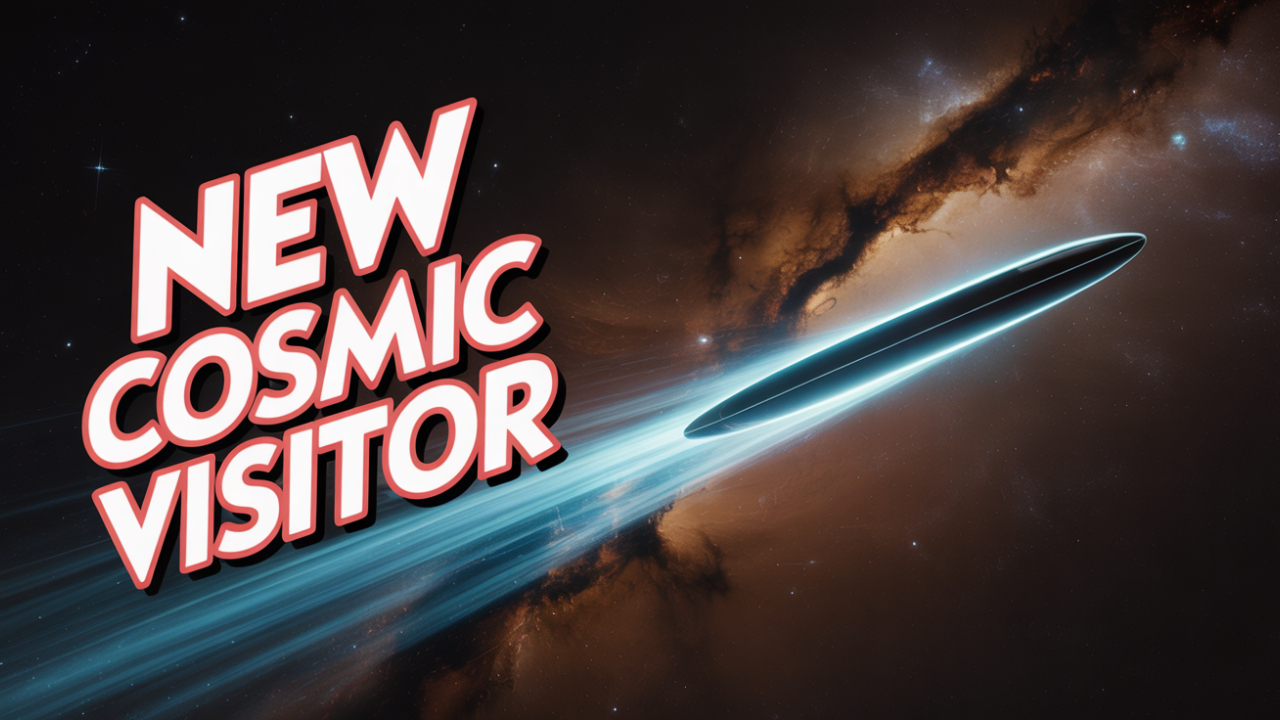 A graphic showing a flying space object with pale blue tail. Text to the left says "New Cosmic Visitor".