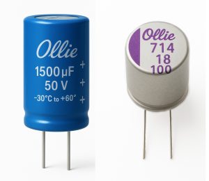 AI generated image of two different kinds of capacitors on a white background.