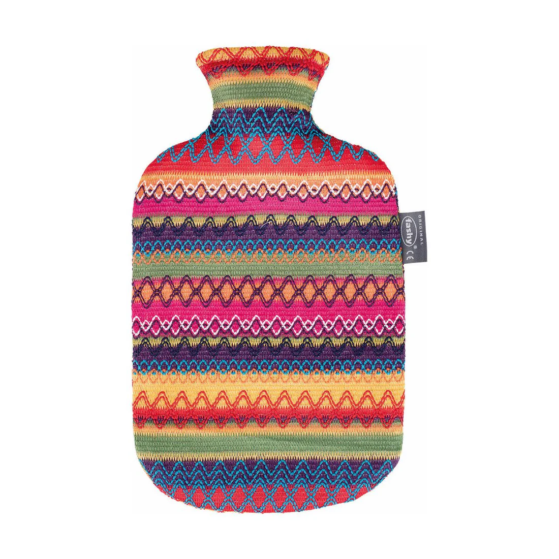 Hot water bottle in a fancy stripy cover on white background.