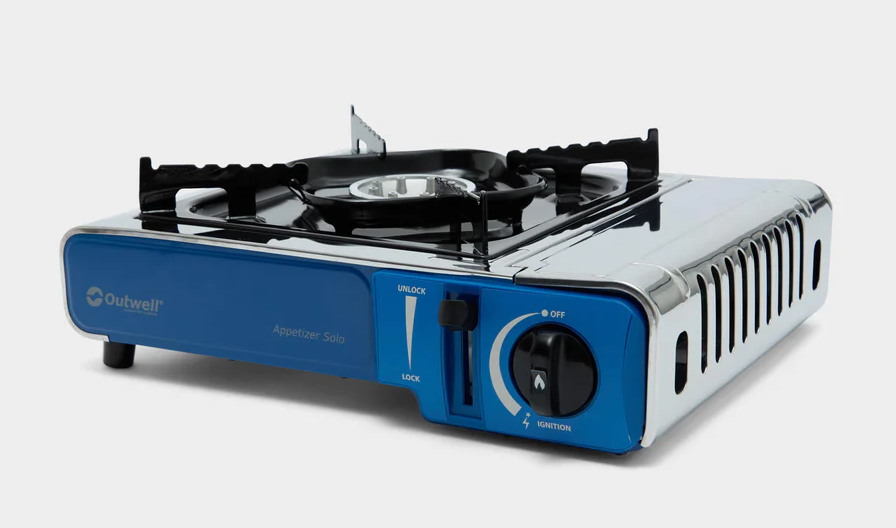A blue and silver camping stove on a white background.