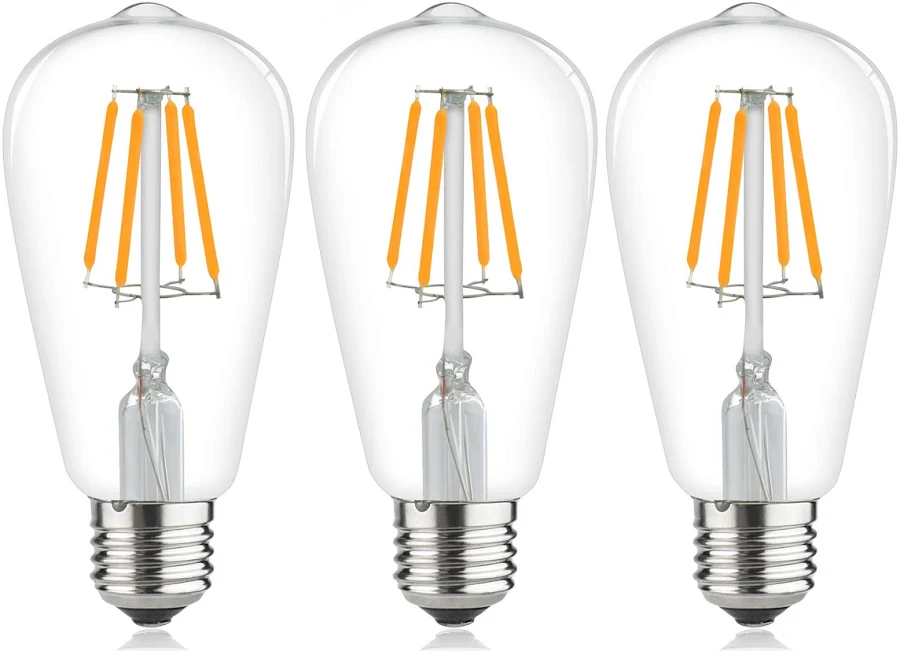 Filament style LED lamps on a white background.